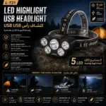 פנס ראש LED עם 5 נורות נטען USB – L-T21