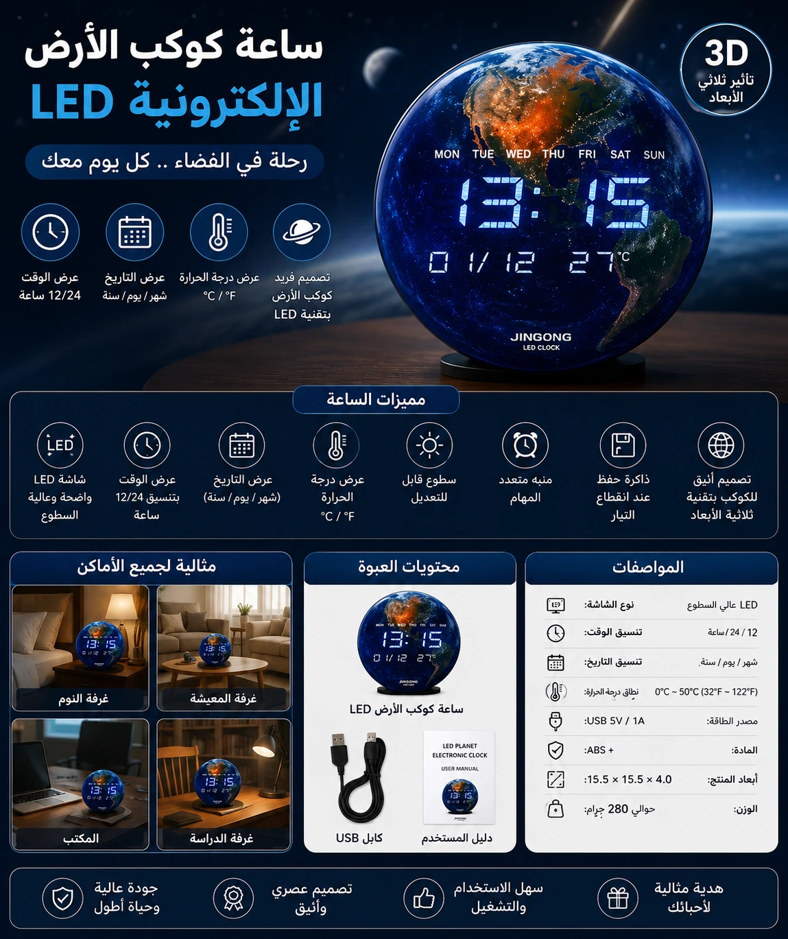 שעון LED דיגיטלי תלת-ממדי בצורת כדור הארץ שעון LED דיגיטלי תלת-ממדי בצורת כדור הארץ – תמונה 1